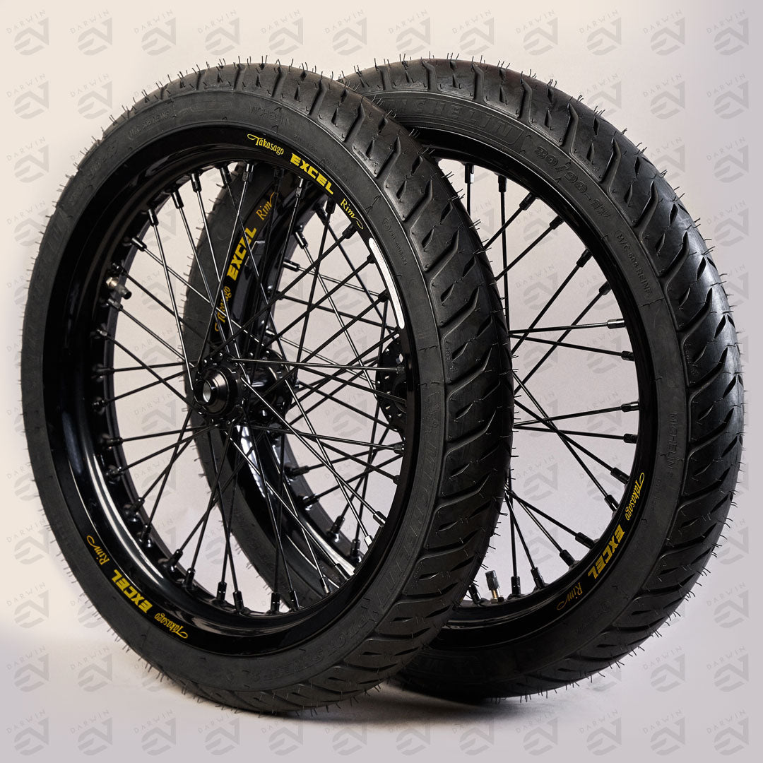 17/17 Complete Supermoto Wheels Set, Black Excel Takasago Rims, Black Hubs, Black Spokes, Black Nipples - Sur-Ron, Segway, Talaria, E Ride Pro electric motorbikes