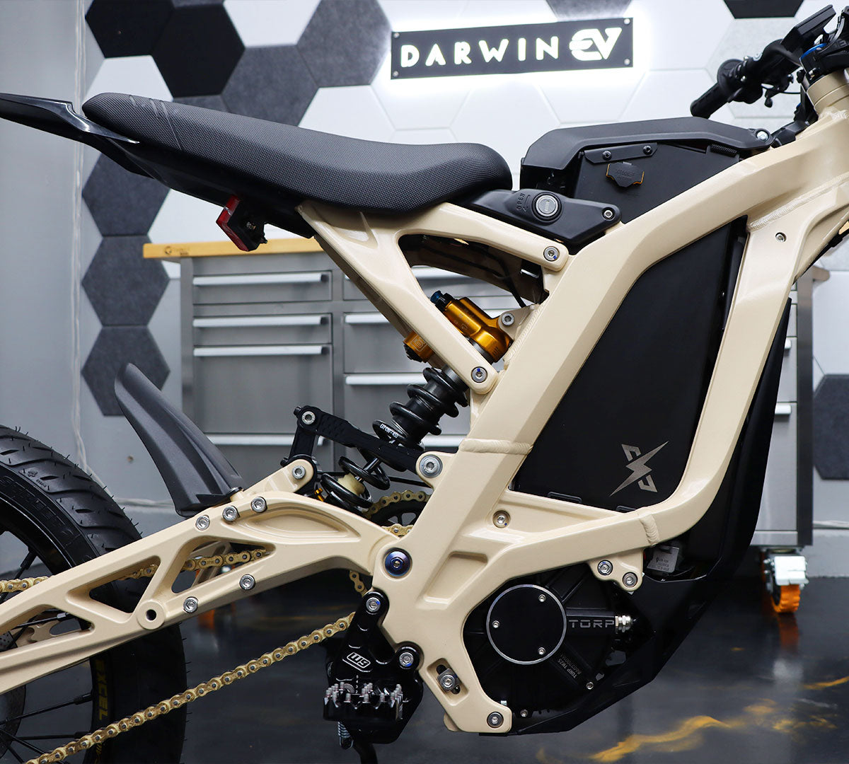 Darwin EV Sur-Ron Light Bee Custom Frost Beige Ohlins TTX22M Shock EXT 450 Spring