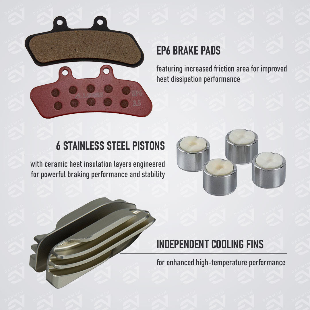 Lewis EP6+ Brake System for Sur-Ron / Segway / Talaria. Features: EP6 Brake Pads, 6 Pistons, Cooling fins