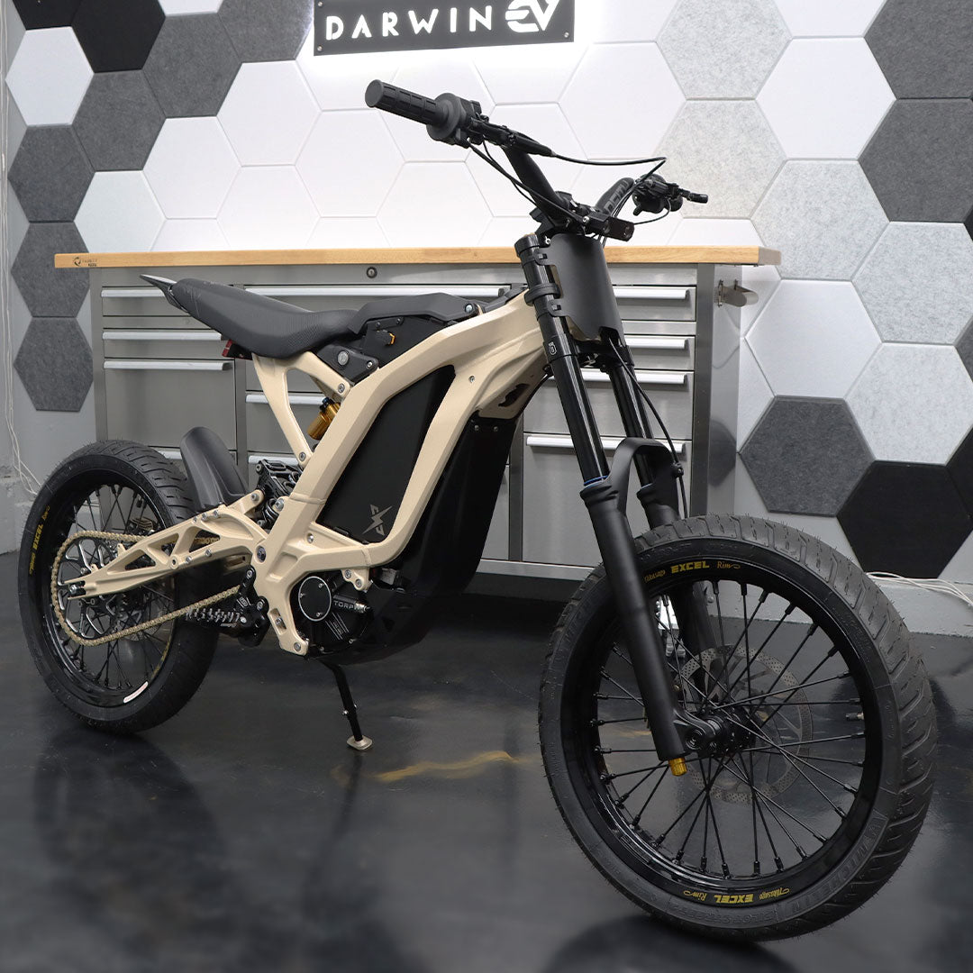 Sur-Ron Light Bee Custom Build by Darwin EV - Upgrades: Torp TC1000 Controller, Torp TM25 Motor, Nexbat 72V Battery, Ohlins DH38 m.1 Fork, Custom Wheels with Excel Takasago Rims / Supermoto Tires, Beige Frost Powder-Coated Frame