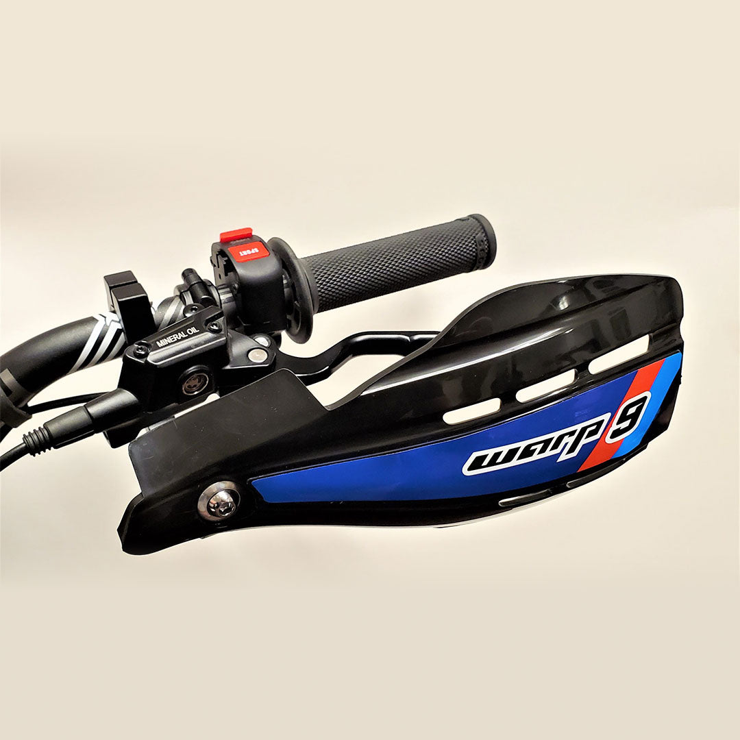 Warp 9 E-Moto Handguard: SurRon, Talaria, E Ride Pro, Rawrr, RFN electric dirt bikes - blue sticker